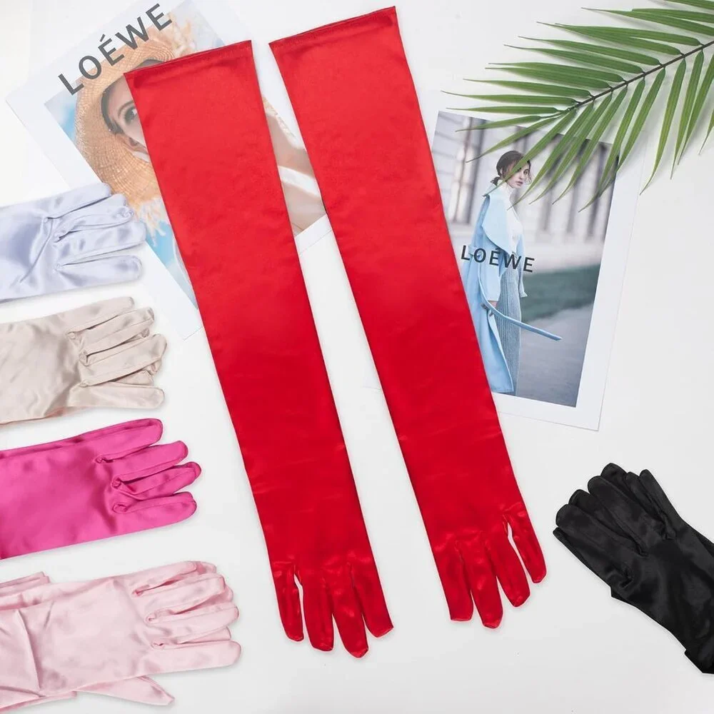 Women's Red Long Satin Opera Fabric Gloves Party Tea Stretchy Elbow Length